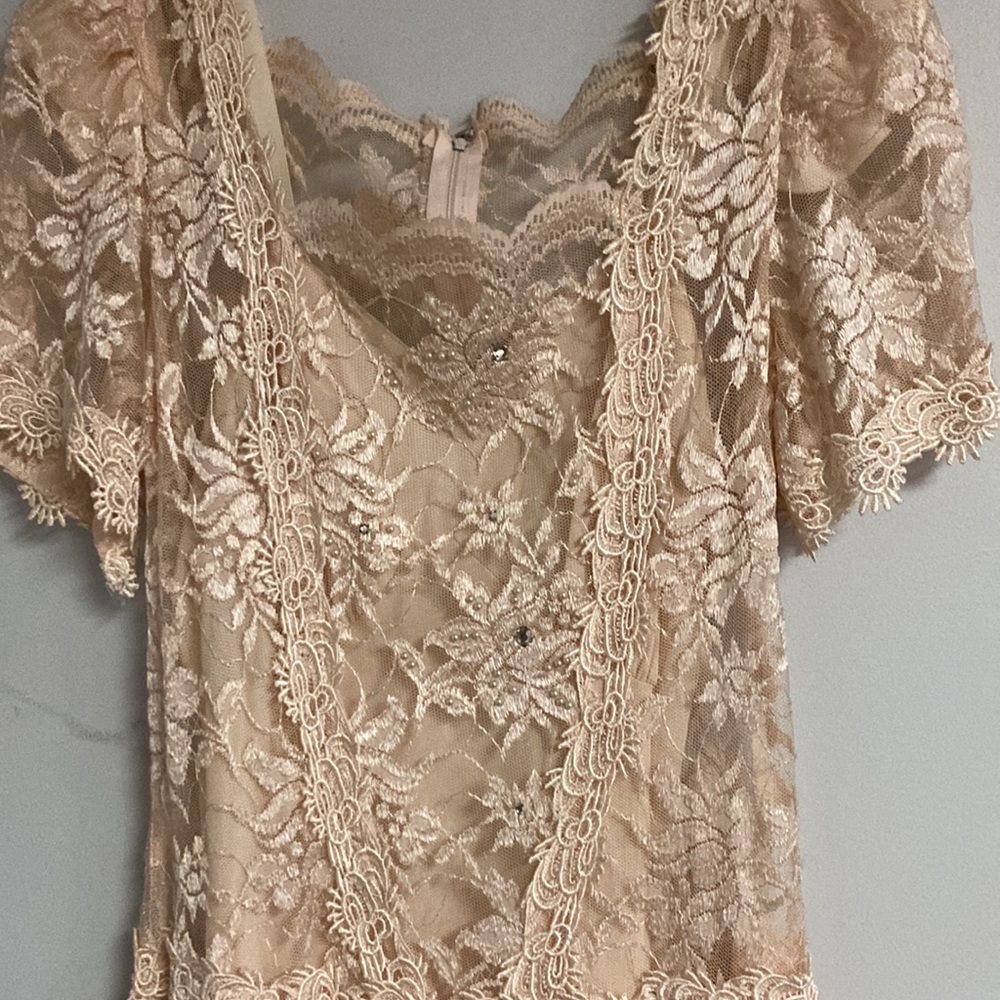 Vintage 20’s style drop-waist lace dress pearl and rhinestone accents with slip